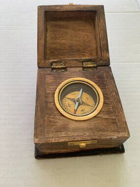 Vintage Nautical Brass Compass in Wooden Box Maritime Desk Decor Navigation